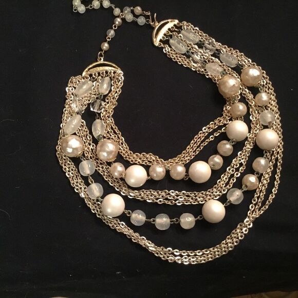 Silvertone Chains with White Beads and Faux Pearls Necklace - Picture 2 of 7
